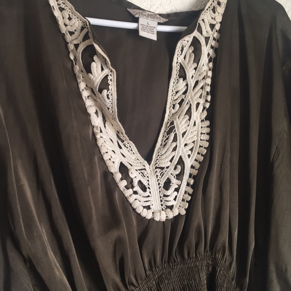 Silky Dark Olive Green Lace Trim Sexy Blouse